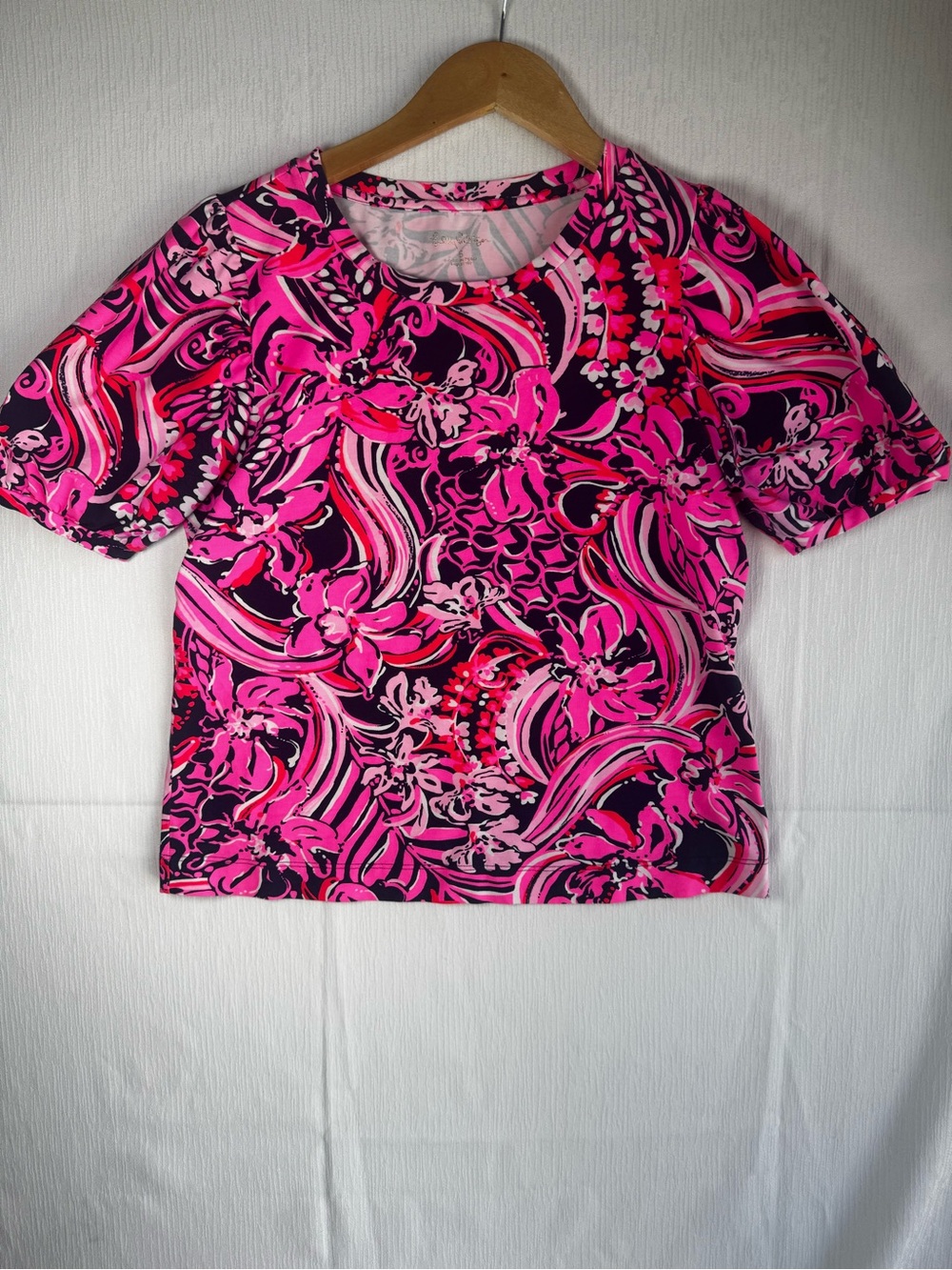 Lilly Pulitzer Pink Navy Floral Tropical Print Puff Short Sleeve Knit Top Size S
